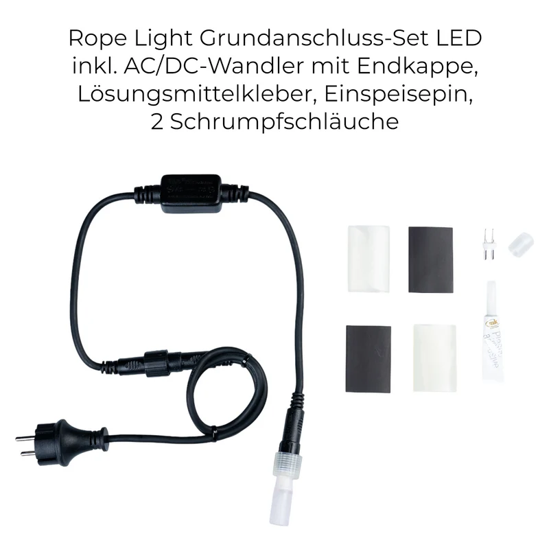 MK Illumination Rope Light QF+ Anschluss-Set 1,5 m – Netzkabel mit Gleichrichter, Einspeisepin & Endkappe (Pflichtzubehör)
